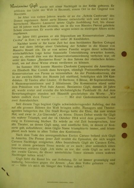 BENIAMINO GIGLI Dal-és áriaest műsorlap. Dedikált!