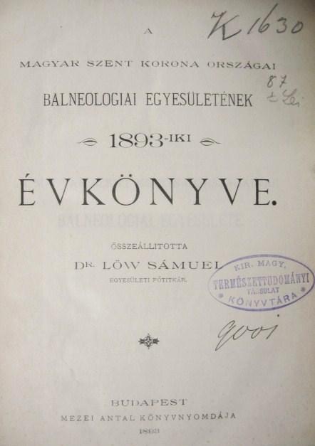 BALNEOLOGIAI EGYESÜLET 1893-IKI ÉVKÖNYVE